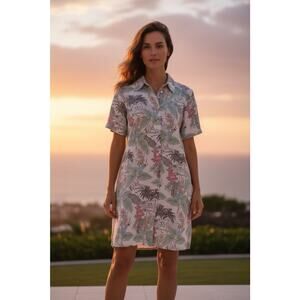 Rachel Zoe Shirt Dress XL Linen Hawaiian Tropical Toucan Surf Car Floral Resort